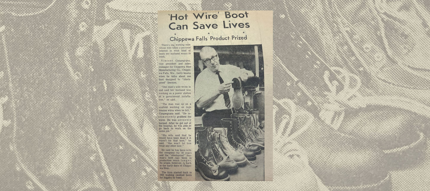 Article from March 17, 1968 outlining how a pair of “Hot Wire” Chippewa Boots helps save lives.